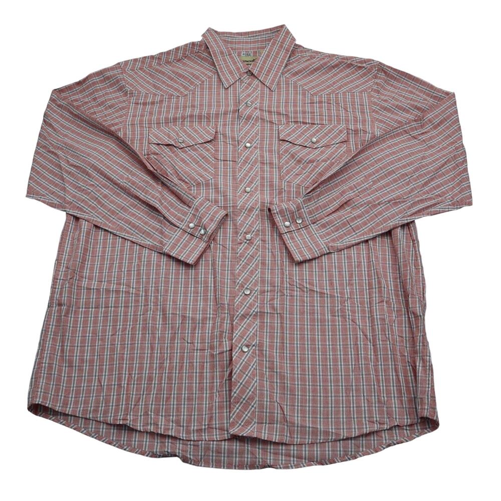 Backpacker Shirt Mens XXL Red, Gray, white Check Pearl Snaps long sleeve